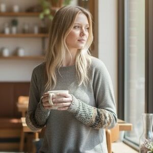 Lucky Brand Neutral Grey Long Sleeve Top with Patterned Sleeve Panels